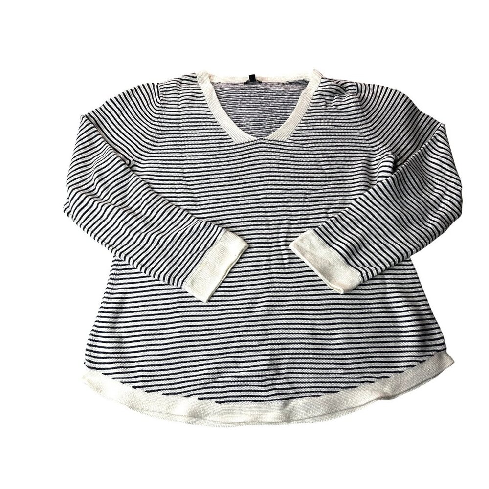 Talbots Sweater Womens Large Striped Knit Link Stitch V Neck Sweater Navy